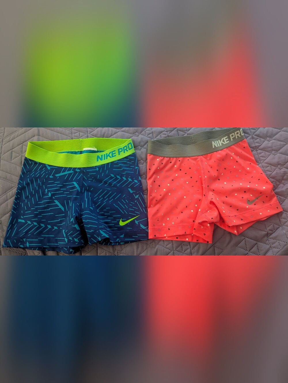 Nike Pro Womens's Teal/Orange Athletic Shorts with Yellow Trim, 2 Pack, Size SM